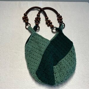 Hand-Crocheted Boho Hobo Bag with Wooden Handles – Green